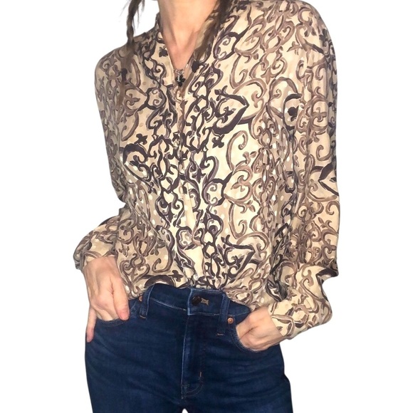 Vintage 90's Silk Blouse Top Sz L 12 Abstract Print Button Down L/S Classic Boho - Picture 1 of 7